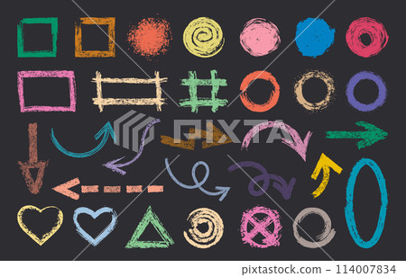 Grunge chalk strokes. Rough charcoal pencil scribble, texture chalk brushes, abstract hand drawn flat vector symbols illustration set. Colorful chalk signs Grunge chalk strokes. Rough charcoal pencil scribble, texture chalk brushes, abstract hand drawn flat vector symbols illustration set. Colorful chalk signs 114007834