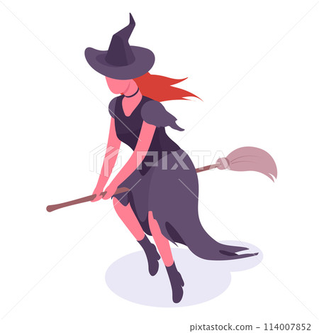 Witch character. Isometric female magician, redhead witch flies on broomstick 3d vector illustration. Witch on white background 114007852