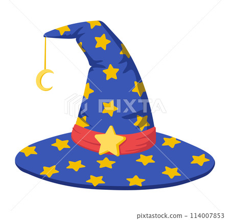 Witch hat. Colorful stargazer hat decorated with stars, Halloween witch hat, Halloween party costume element flat vector illustration. Astrologer hat on white 114007853