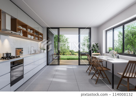 Modern Style white kitchen and dining room interior with nature view 3d render 114008132