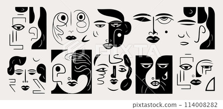 Big Set of Various Faces, abstract shapes in the style of Matisse. Ink painting style. Contemporary Hand drawn Vector illustrations. Continuous line minimalistic elegant concept. All elements isolated 114008282