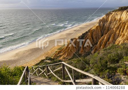 A beach with a wooden walkway leading to the water 114008288