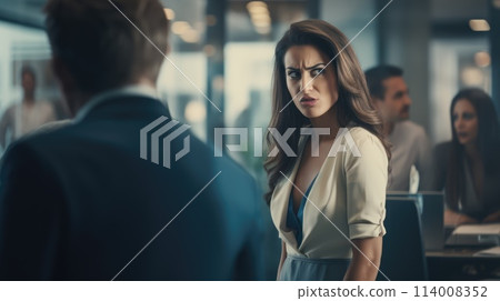 Woman in the office with a dissatisfied, puzzled face. Unpleasant atmosphere Woman in the office with a dissatisfied, puzzled face. Unpleasant atmosphere 114008352