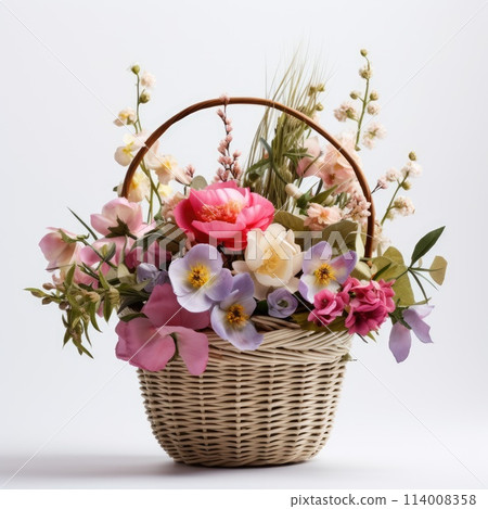 Wicker basket with beautiful spring flowers on white background Wicker basket with beautiful spring flowers on white background 114008358