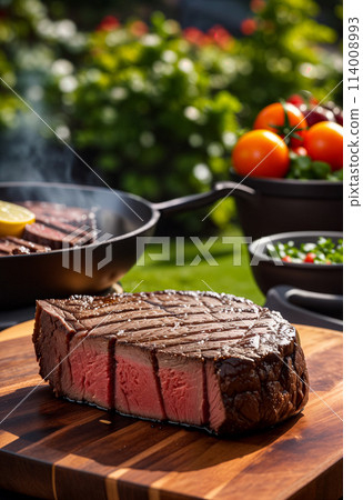 Steak on the table or on the grill in the backyard of a house or villa on a weekend or vacation. Sunny day, close-up 114008993