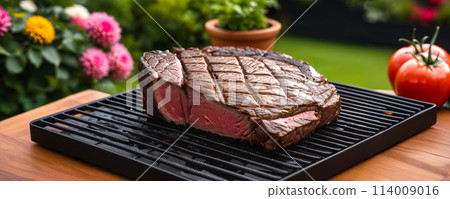 Steak on the table or on the grill in the backyard of a house or villa on a weekend or vacation. Sunny day, close-up 114009016