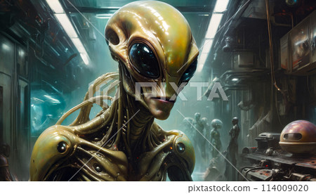 An ugly humanoid or alien in a room with a gloomy atmosphere. Science fiction in yellow-green-turquoise colors An ugly humanoid or alien in a room with a gloomy atmosphere. Science fiction in yellow-green-turquoise colors 114009020