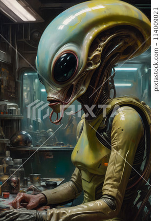 An ugly humanoid or alien in a room with a gloomy atmosphere. Science fiction in yellow-green-turquoise colors 114009021