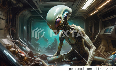 An ugly humanoid or alien in a room with a gloomy atmosphere. Science fiction in yellow-green-turquoise colors 114009022