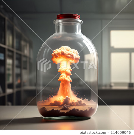 A nuclear or atomic explosion in bottle standing in a room on a desert background. The concept of protecting humanity from the use of dangerous weapons and the beginning of World War 3 114009046