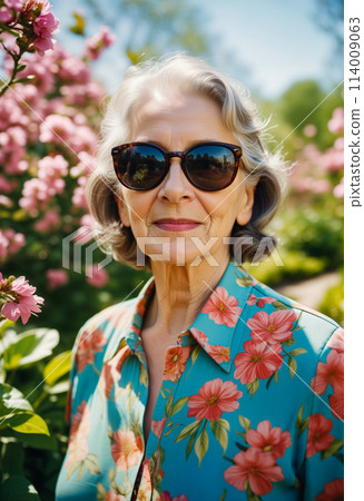 A modern happy old or senior woman stylishly dressed in a flowered shirt and sunglasses stands on a background of flower bushes on a sunny day. Close-up 114009063