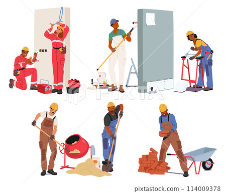 Construction Workers Male and Female In Uniform Outerwear, Hardhats And Protective Costumes, Install Electricity 114009378