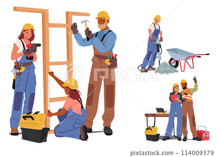 Professional Industrial Construction Workers, Builders, And Repairman Employees at Work. Women And Men In Helmets 114009379