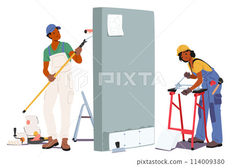 Man And Woman Construction Workers Or Builders Wearing Workwear And Hardhats Painting Wall And Sawing Tiles 114009380