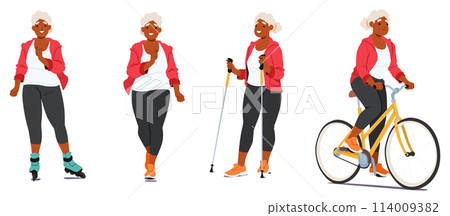 Elderly Woman in Sportswear Enjoying Various Outdoor Sports Activities and Recreation, Wheeling On Rollerblades 114009382