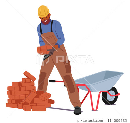 Construction Worker Male Character Wearing Workwear, Helmet, And Gloves Protection, Carrying Bricks In A Wheelbarrow 114009383