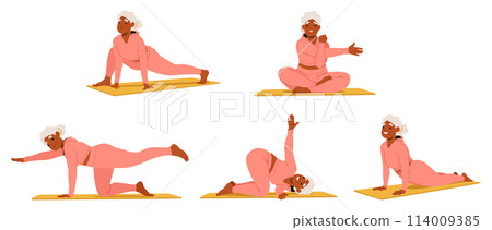 Elderly Woman On Mat in Various Yoga Poses. Old Female Character Practice Asana with Happy Facial Expression 114009385