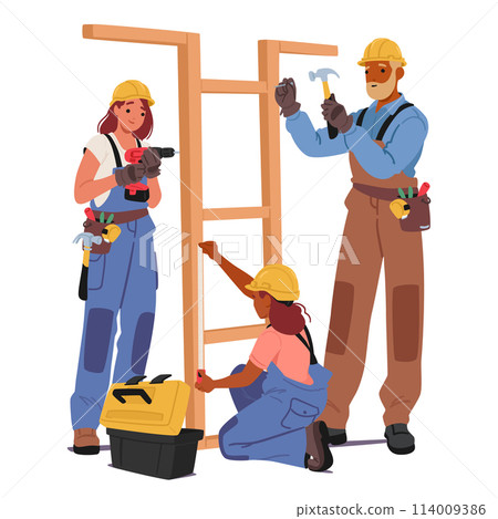 Builder Characters At Work Concept. Diligent Crews Wield Tools, Erect Structures And Craft Spaces, Vector Illustration 114009386