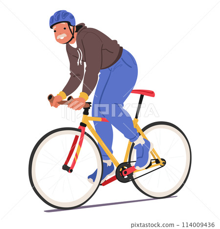 Elderly Man Pedals His Bike, Embodying A Healthy Lifestyle Through Exercise And Mobility, Active Aged Cyclist Character Elderly Man Pedals His Bike, Embodying A Healthy Lifestyle Through Exercise And Mobility, Active Aged Cyclist Character 114009436