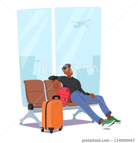 Male Character Sitting On A Chair At The Airport, Surrounded By Luggage, Man Sleeping and And Seem To Be Enjoying Male Character Sitting On A Chair At The Airport, Surrounded By Luggage, Man Sleeping and And Seem To Be Enjoying 114009447