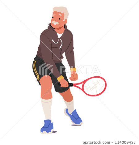 Elderly Man Gracefully Swings His Tennis Racket, Showing Agility Despite Age, Cartoon People Vector Illustration 114009455
