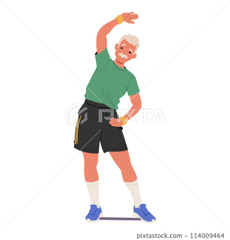 Elderly Man In Sportswear Is Stretching, Old Fit Male Character Do Bends Embodies An Active, Healthy Lifestyle Elderly Man In Sportswear Is Stretching, Old Fit Male Character Do Bends Embodies An Active, Healthy Lifestyle 114009464