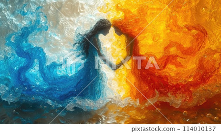 A passionate couple in love, entwined, with elements of fire and water, Ai Generated. 114010137