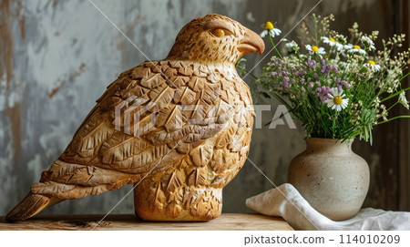 Unique bread loaf resembling an hawk resting on a wooden table, Ai Generated Unique bread loaf resembling an hawk resting on a wooden table, Ai Generated 114010209