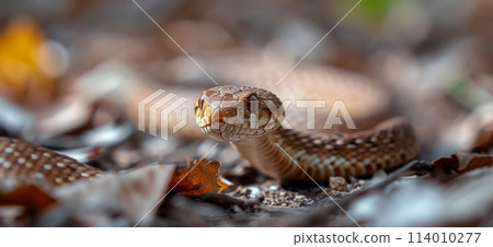 Serpentine snake slithers gracefully on the ground, its sinuous movements mesmerizing, Ai Generated. 114010277