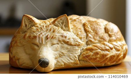 Unique bread loaf resembling an wolf resting on a wooden table, Ai Generated Unique bread loaf resembling an wolf resting on a wooden table, Ai Generated 114010469