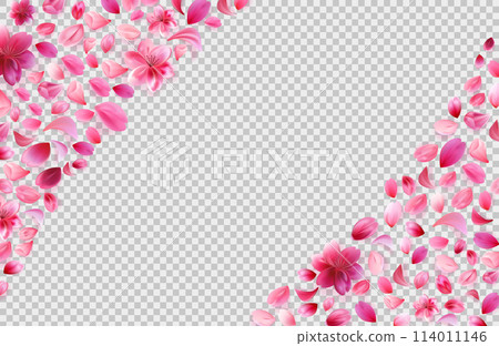 Sakura petals png corners lying on checkered grey background. Rose flower frame. Stock vector illustration isolated in realistic style. 114011146