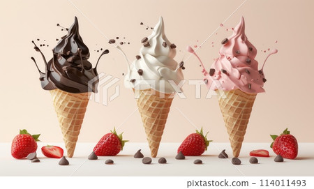 Vanilla and strawberry ice cream cone flavor splash, isolated with clipping path, Ai Generated. 114011493