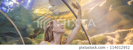 Young woman touches a stingray fish in an oceanarium tunnel BANNER, LONG FORMAT Young woman touches a stingray fish in an oceanarium tunnel BANNER, LONG FORMAT 114012952