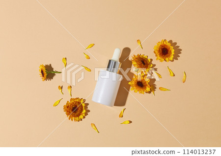 A glass bottle with dropper displayed with small petals and several Calendula flowers. Calendula flowers are commonly used for many other conditions A glass bottle with dropper displayed with small petals and several Calendula flowers. Calendula flowers are commonly used for many other conditions 114013237