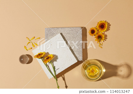 A stack of two stone podiums displayed with Calendula flowers, a glass ball and a conical flask filled with liquid of Calendula flower extract. Minimal podium display for cosmetic product presentation A stack of two stone podiums displayed with Calendula flowers, a glass ball and a conical flask filled with liquid of Calendula flower extract. Minimal podium display for cosmetic product presentation 114013247
