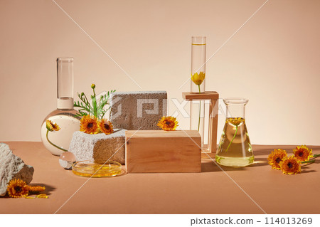Front view of a wooden podium arranged with some rocks and laboratory glassware. Brown surface. Calendula has been used to treat a variety of skin conditions 114013269