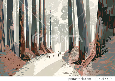 A landscape of big cedar trees and travelers A landscape of big cedar trees and travelers 114013382