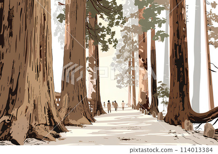 A landscape of big cedar trees and travelers A landscape of big cedar trees and travelers 114013384