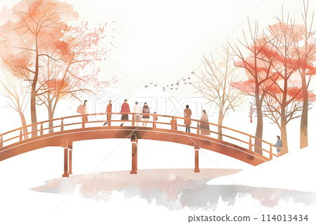 People crossing the bridge to make a pilgrimage 114013434