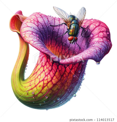 a fly is sitting on a flower in a pitcher plant	 114013517