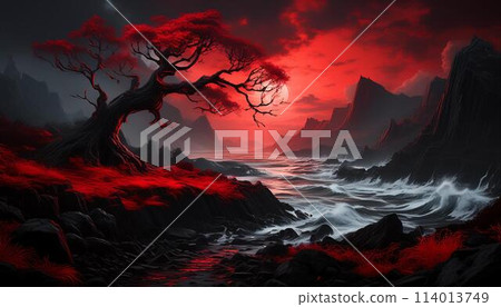 紅色和黑色幽靈般的海岸背景插畫 114013749