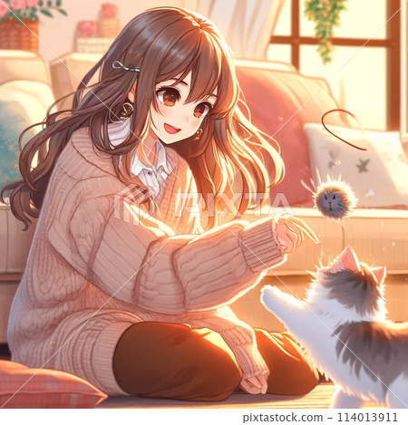 Heartwarming interaction - Woman playing with cat 114013911