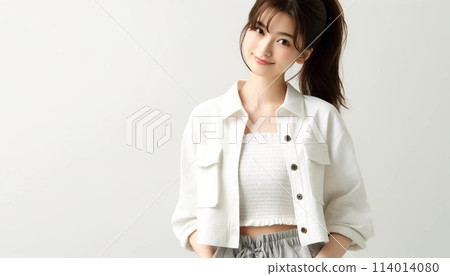 Smiling young female model in front of a white background 114014080