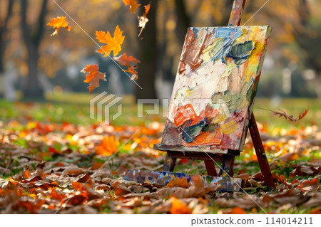 Easel and Painting Amidst Fall Leaves 114014211