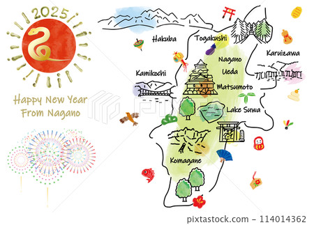 Nagano Prefecture tourist destination illustrated map New Year's card 2025 114014362