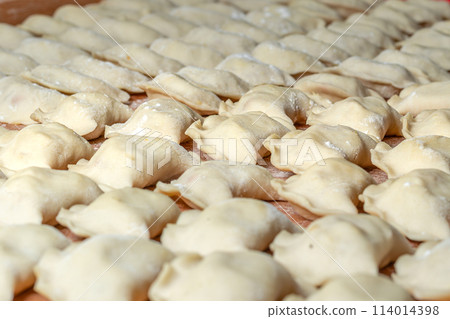 Beautiful rows with dumplings. Ukrainian national dish. Close-up. 114014398