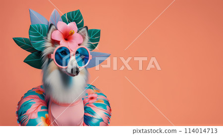 Funny dog wearing summer fashion on pastel background with copy space. Summer Vacation Concept. 114014713