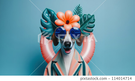 Funny dog wearing summer fashion on pastel background with copy space. Summer Vacation Concept. 114014714