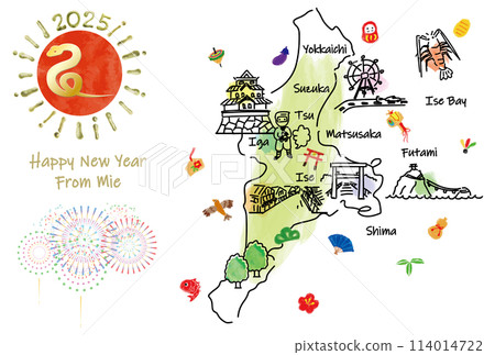 Illustrated map of tourist spots in Mie prefecture New Year's card 2025 Illustrated map of tourist spots in Mie prefecture New Year's card 2025 114014722