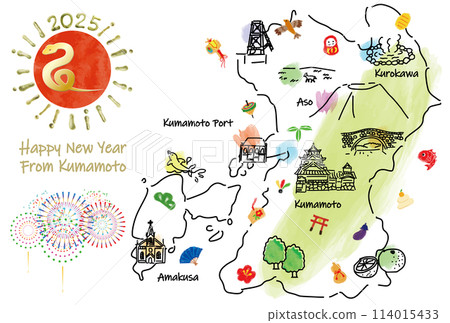 2025年熊本縣賀年片旅遊景點插畫圖 114015433